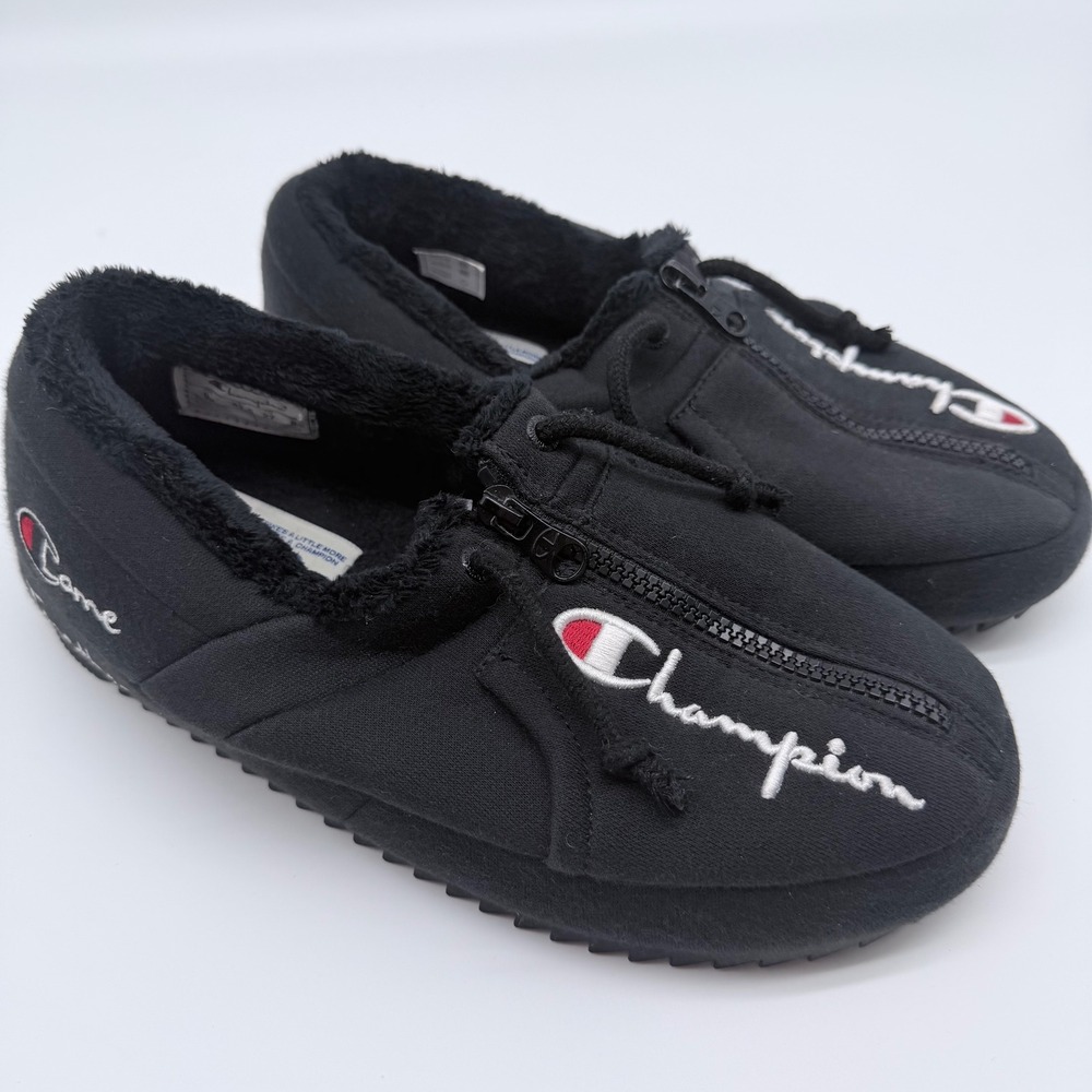 Champion University Zip Black Slippers Mens 9 Come Together Faux Fur CPS10410M